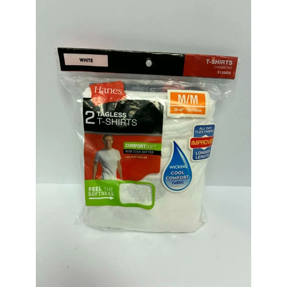 Hanes Tagless T-Shirts 2 White Size M ComfortSoft Crew Neck Undershirts Mens
